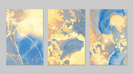 Blue and gold stone marble pattern with sparkles. Abstract vector background in alcohol ink technique. Modern paint with glitter. Set of templates for banner, poster design. Fluid art