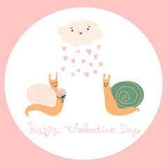 Fototapeta premium Couple of cute little snails together. Сloud with pink hearts. Snail holds bouquet. Vector Valentine's Day card. Cartoon illustration. Perfect for Valentine Day poster or greeting card, banner