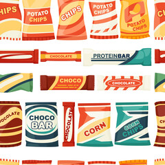 Snack product seamless pattern for vending machine fast food chips and chocolate bars vector illustration on white background