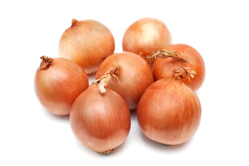 Group of orange onions on white background