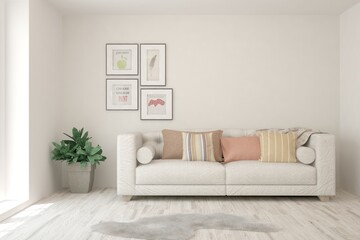 White living room with sofa. Scandinavian interior design. 3D illustration