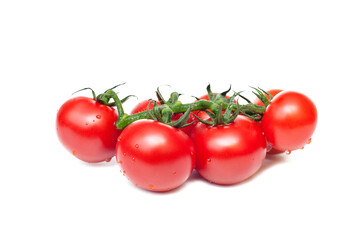 Bunch of fresh red tomatoes with green stems on a white background.