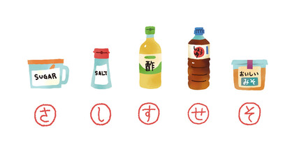 カジュアルなタッチ　日本料理の調味料のイラストセット　