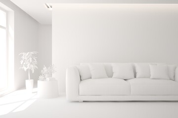White minimalist living room with sofa. Scandinavian interior design. 3D illustration