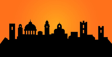 Black skyline of Bergamo in orange background in vector file