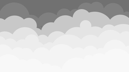 Black and white cartoon sky with clouds background illustration.