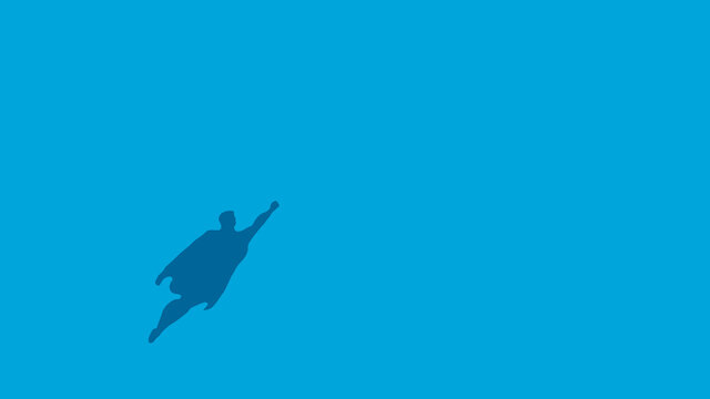 Hero silhouette in traditional superman clothing flying in the blue sky illustration.