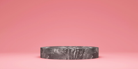 Empty Black Marble Round Podium on Pink Studio Background