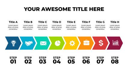 Obraz premium Arrows Vector Infographic. Presentation slide template. Timeline with 8 steps, options, processes. Chart diagram.
