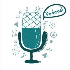 Podcast doodle with  handwritten lettering. Online education concept and decoration. Text and podcasts symbols isolated on white background. Podcast and broadcast