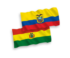 National vector fabric wave flags of Bolivia and Ecuador isolated on white background. 1 to 2 proportion.