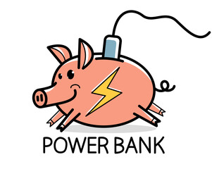 Humorous power bank concept with piggy bank and plug vector illustration isolated.