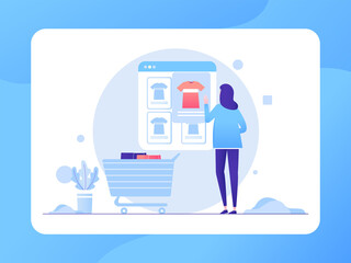 Illustration Vector Graphic of Online Shopping, A girl chooses a shirts in mobile catalogue, this illustration perfect for website, landing page, web, app, and banner