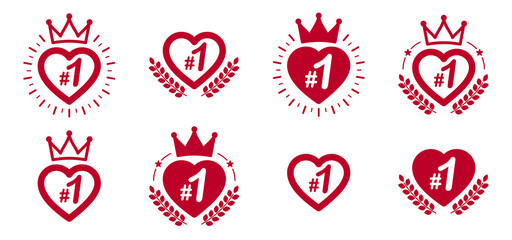 First place heart shaped vector badge awards set, graphic design geometric simple emblem stickers number one collection, business success and victory theme labels, classical style icons.