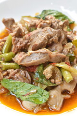 spicy stir-fried chicken gizzard couple liver with yard long bean and chili on plate