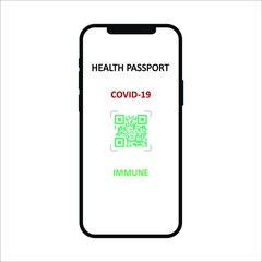 Vector illustration 2021 Travel Health Passport Mandatory Covid Test. New normal after COVID-19 pandemic Test for coronavirus infection. Immunity Passport Cell QR code Design print with text IMMUNE.