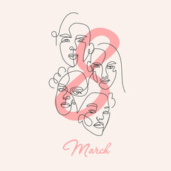 International Women s Day. Abstract backgrounds with minimal shapes and line art faces. Vector illustration.