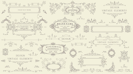 Decorative vintage set of thin calligraphic elements: borders, frames, dividers, ornaments, page decoration. Combinations for retro design, greeting cards, certificates and invitations. Vector  - obrazy, fototapety, plakaty