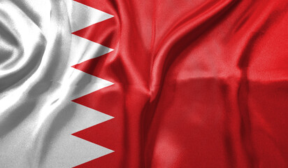 Bahrain flag wave close up. Full page Bahrain flying flag. Highly detailed realistic 3D rendering