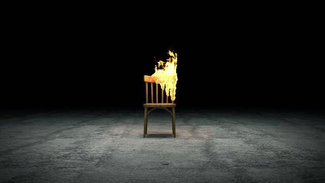 Empty Wooden Chair in Fire Flame on concrete floor with light effect