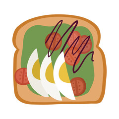 Avocado toast with eggs and tomato isolated on white background. Vector hand drawn illustration.