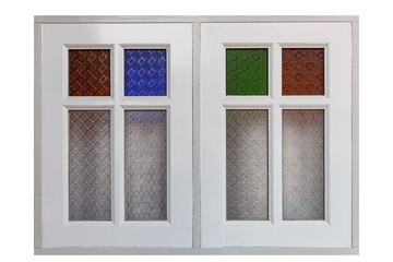 White wooden window frames and vintage stained glass isolated on white background