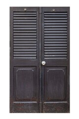 Black vintage old wooden door frame with louver isolated on a white background