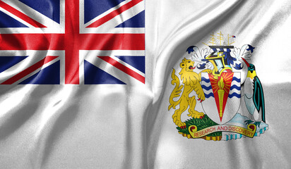 Fototapeta premium British Antarctic Territory flag wave close up. Full page British Antarctic Territory flying flag. Highly detailed realistic 3D rendering
