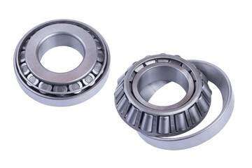 set of truck roller bearings on white background isolated. front and rear view. Part of the car