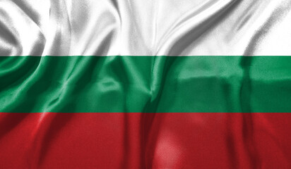 Bulgarian flag wave close up. Full page Bulgarian flying flag. Highly detailed realistic 3D rendering