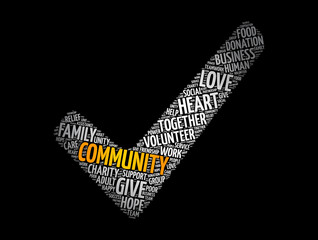 Community check mark word cloud collage, social concept background