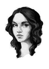 young beautiful girl with dark wavy hair and blue eyes black and white