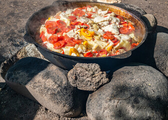Kyrgyz food. Soup made on the fire