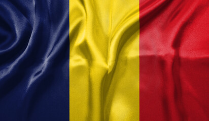 Chad flag wave close up. Full page Chad flying flag. Highly detailed realistic 3D rendering