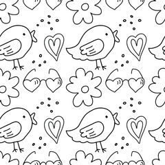 Valentines day doodle seamless pattern. Cute bird, flowers, hearts