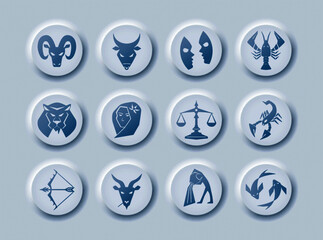 Rounded icons set in trendy neumorphic design. Elements for astrology mobile app or website. Zodiac signs (horoscope symbols) buttons. Stylish soft blue color with light and shadow