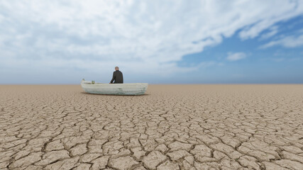 Fototapeta na wymiar Concept or conceptual desert landscape with a man in a boat as a metaphor for global warming and climate change. A warning for the need to protect our environment and future 3d illustration