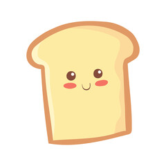 Kawaii Wheat Bread character isolated on white background. Cute funny smiling food mascot for children menu, package, bakery, card, print. Adorable breakfast element. Hand drawn toast concept for kids