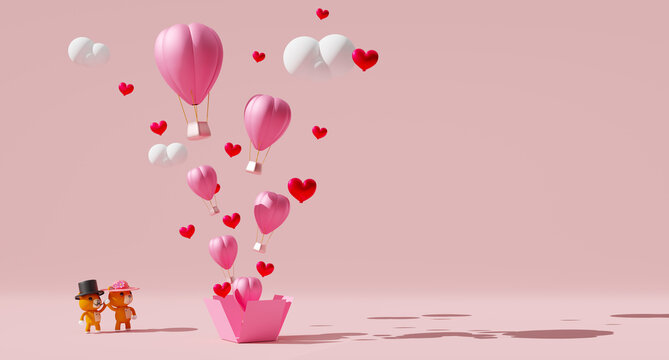 Hot air balloon and Teddy bear for Valentine's Day background in pink pastel composition ,3d illustration or 3d render ,copy space