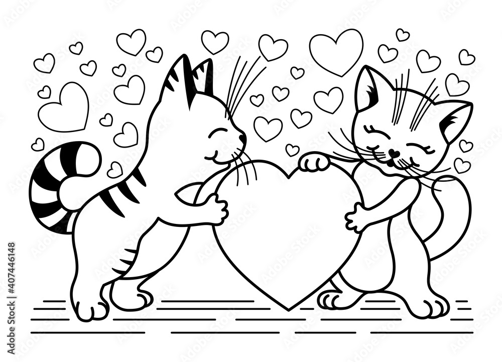 Canvas Prints contour romantic illustration with cats and love hearts on white background.