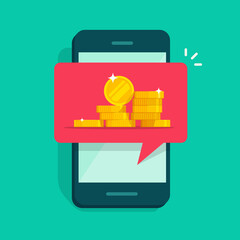 Web digital money receiving notice on mobile cell phone isolated vector flat cartoon object, internet electronic coins cash on smartphone cellphone app, concept of earnings transaction online icon