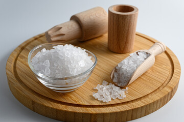 Little wooden scoop and glass bowl full of sea salt on wooden cutting board on white background