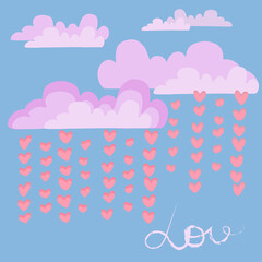 Pink clouds and rain from hearts. Love concept.