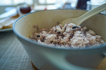 Healthy mixed rice is ready for lunch.  Steam on the rice.