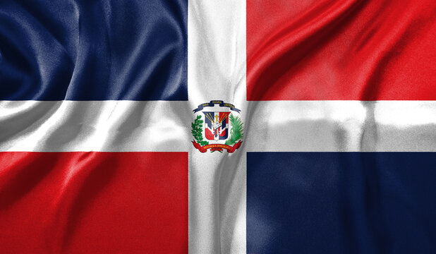 Dominican Republic flag wave close up. Full page Dominican Republic flying flag. Highly detailed realistic 3D rendering