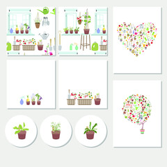 Set with different templates with growing flowers and vegetables. Cards for your design