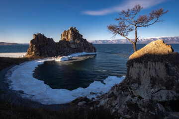View of Cape Burkhan from the shore of Lake Baikal