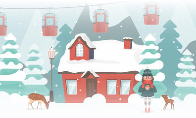 Little girl holding a hot drink. House in a snowy forest. Deer, Christmas trees, mountains, snow, cable car or funicular. Vector illustration.