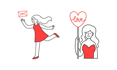 Vector line art set with two girls sending love messages. Hand-drawn outline illustration for greeting card template. Valentine's day, romantic emotion concept. 