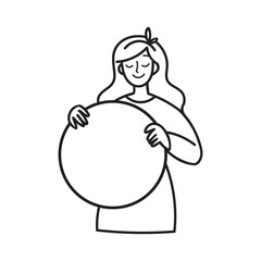 Doodle young woman holding a circle-shaped sign in hands. Hand-drawn vector line art isolated on white background. Illustration with message template for card, web banner, social media, or poster. 